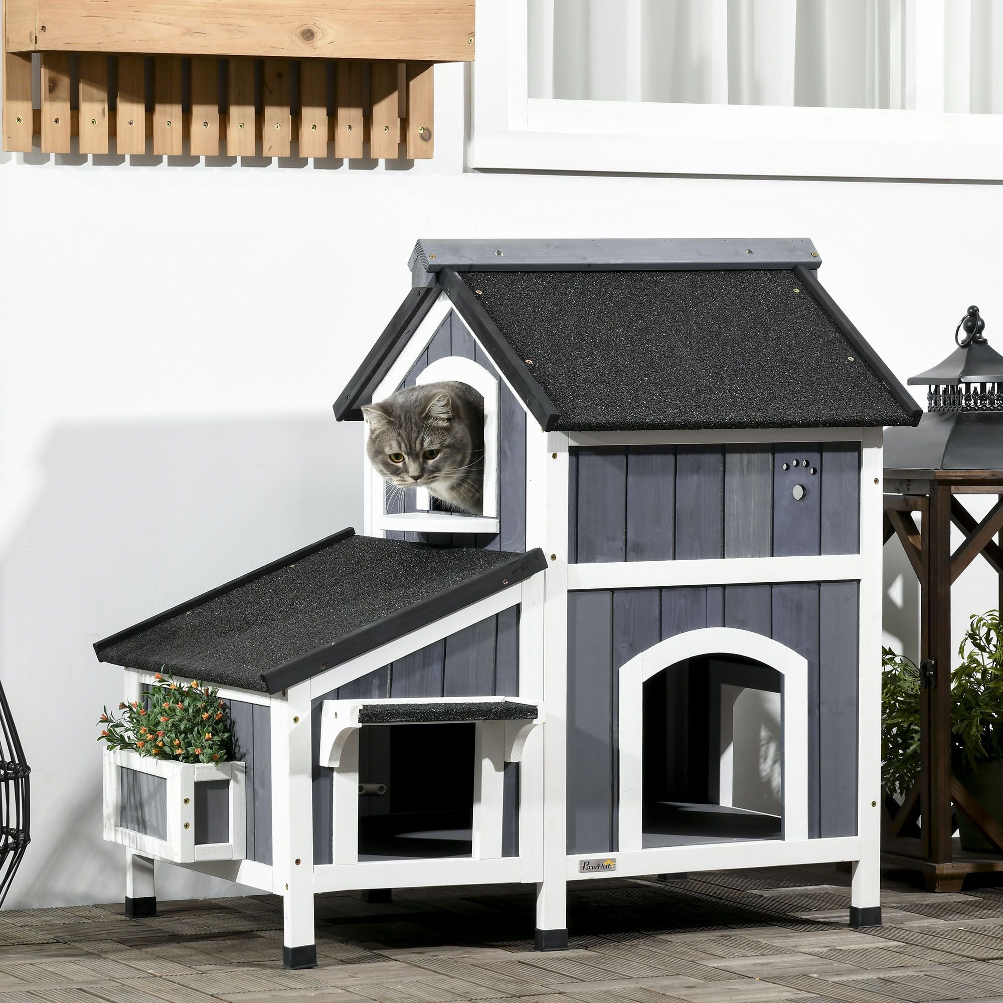 2-Story Outdoor Cat House with Flower Box & Weather Resistant Roof