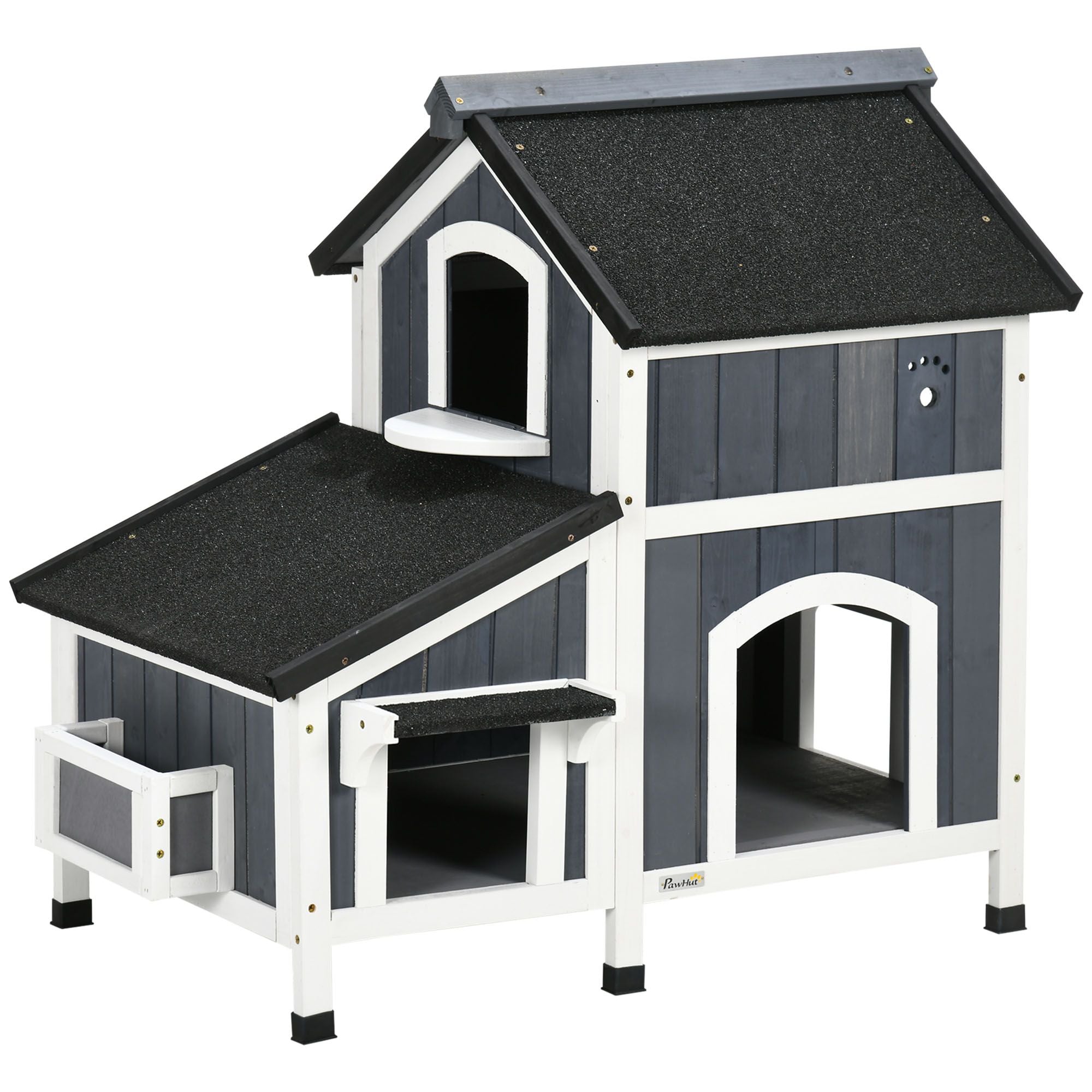 2-Story Outdoor Cat House with Flower Box & Weather Resistant Roof