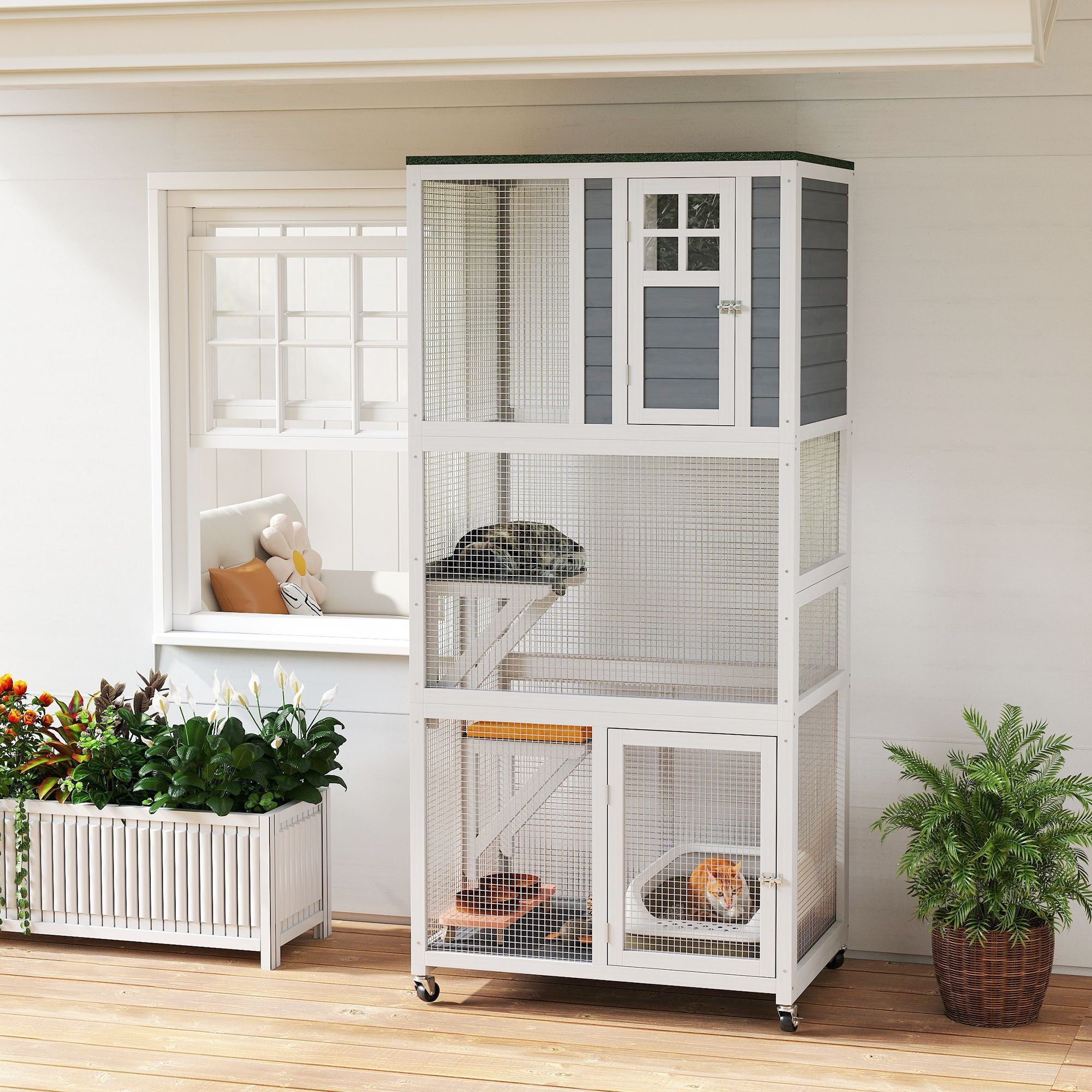 furniture-style Outdoor Catio on Wheels with Weatherproof Roof and Resting Condo