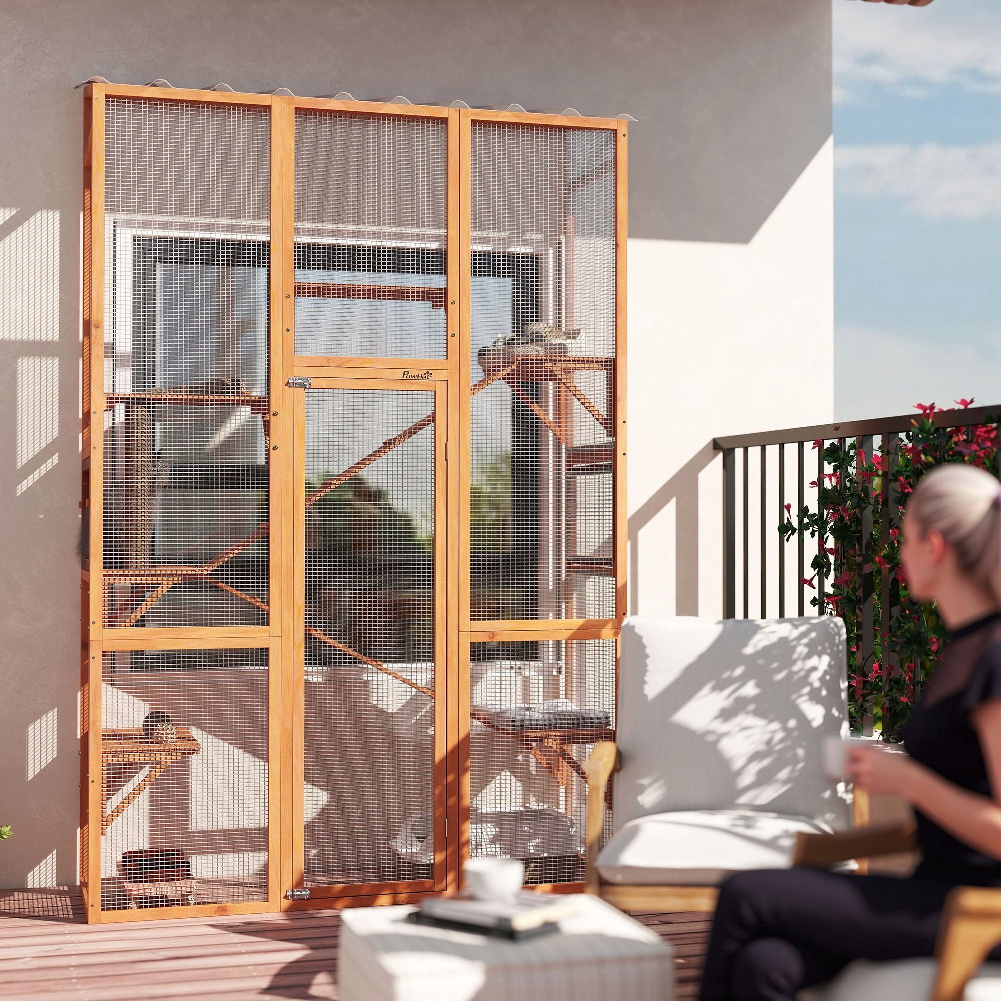 Outdoor Catio Cat Enclosure, Large Wooden Cat House with 6 Jumping Platforms, Scratching Post, 2 Ramps, for 2-3 Kittens