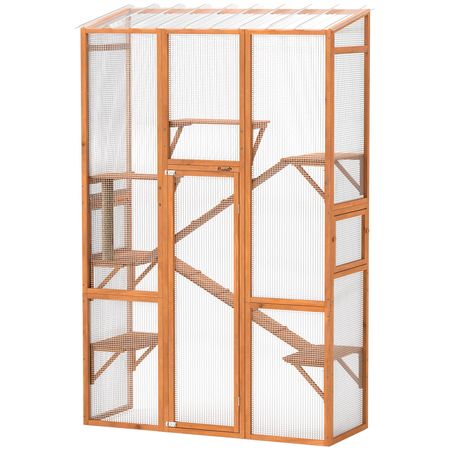 Outdoor Catio Cat Enclosure, Large Wooden Cat House with 6 Jumping Platforms, Scratching Post, 2 Ramps, for 2-3 Kittens