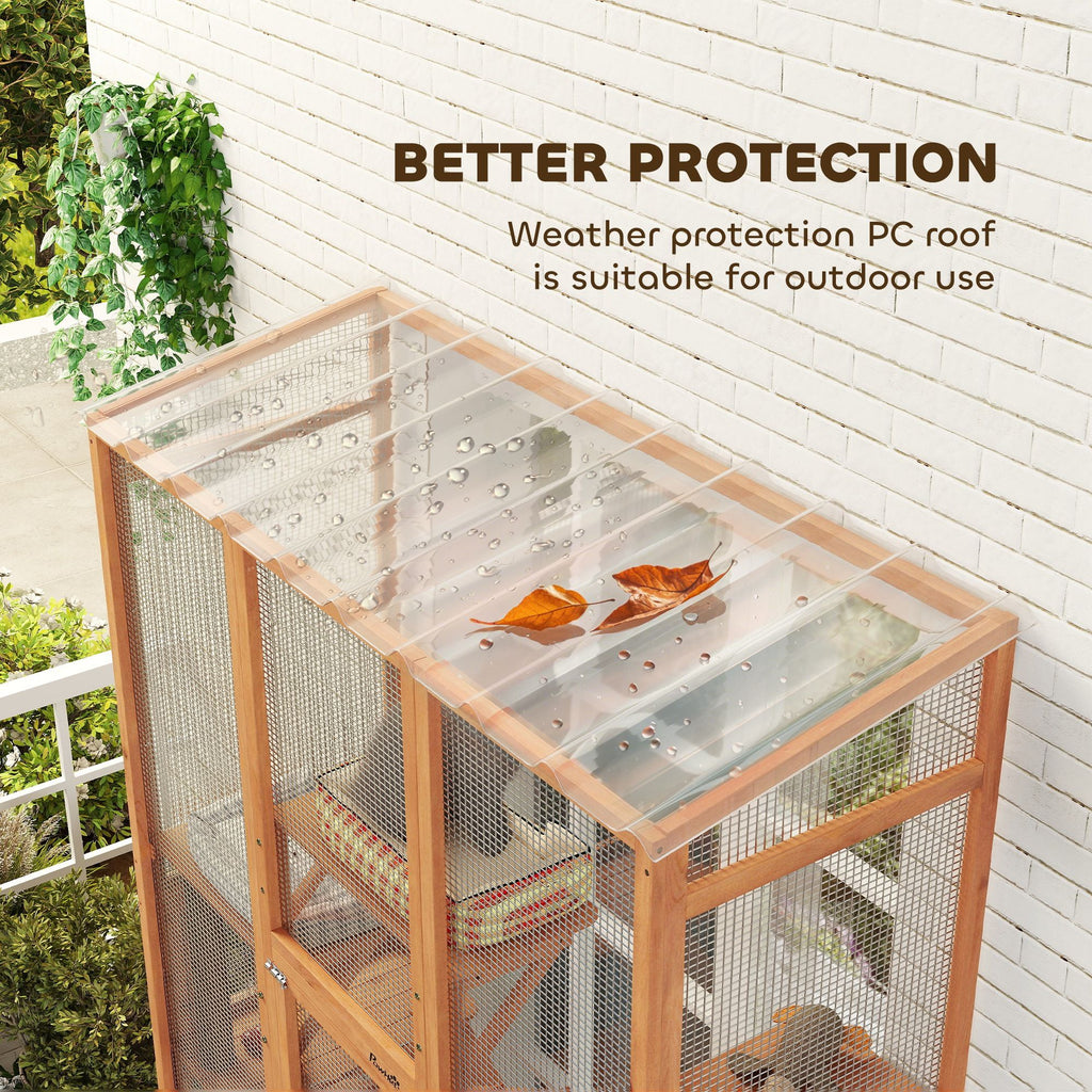 Outdoor Catio Cat Enclosure, Large Wooden Cat House with 6 Jumping Platforms, Scratching Post, 2 Ramps, for 2-3 Kittens