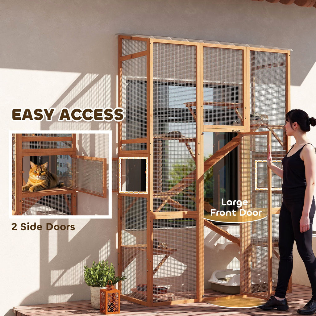 Outdoor Catio Cat Enclosure, Large Wooden Cat House with 6 Jumping Platforms, Scratching Post, 2 Ramps, for 2-3 Kittens
