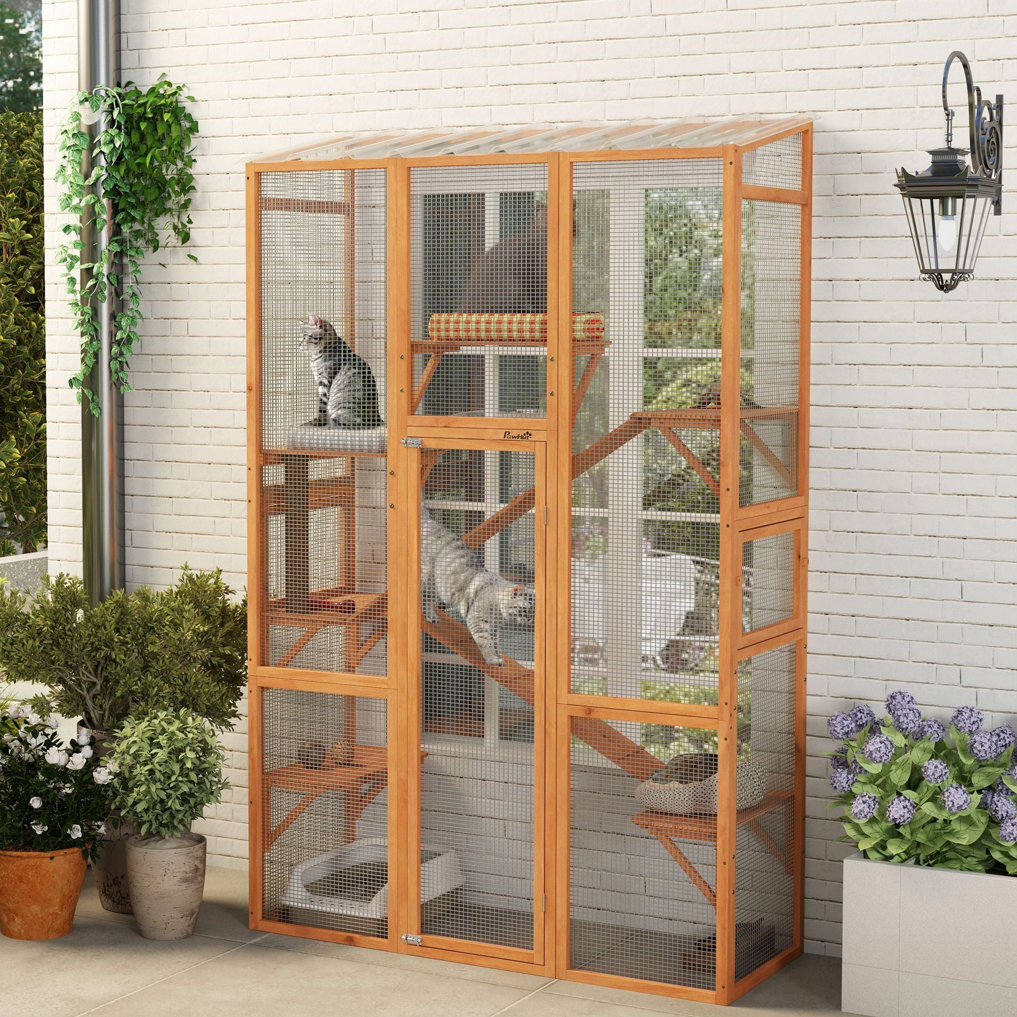 Outdoor Catio Cat Enclosure, Large Wooden Cat House with 6 Jumping Platforms, Scratching Post, 2 Ramps, for 2-3 Kittens