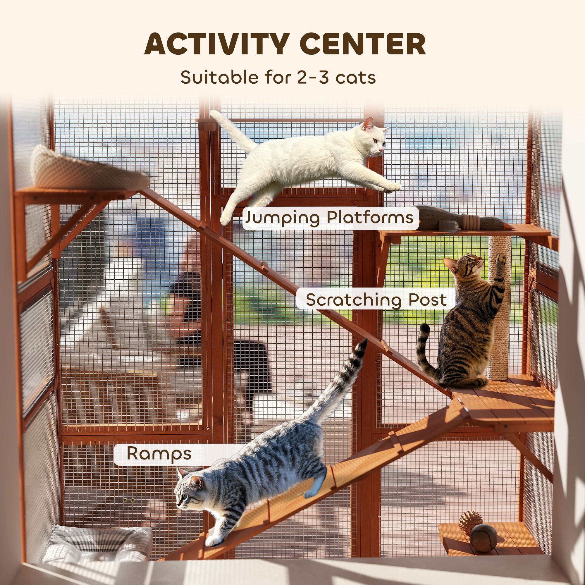 Outdoor Catio Cat Enclosure, Large Wooden Cat House with 6 Jumping Platforms, Scratching Post, 2 Ramps, for 2-3 Kittens