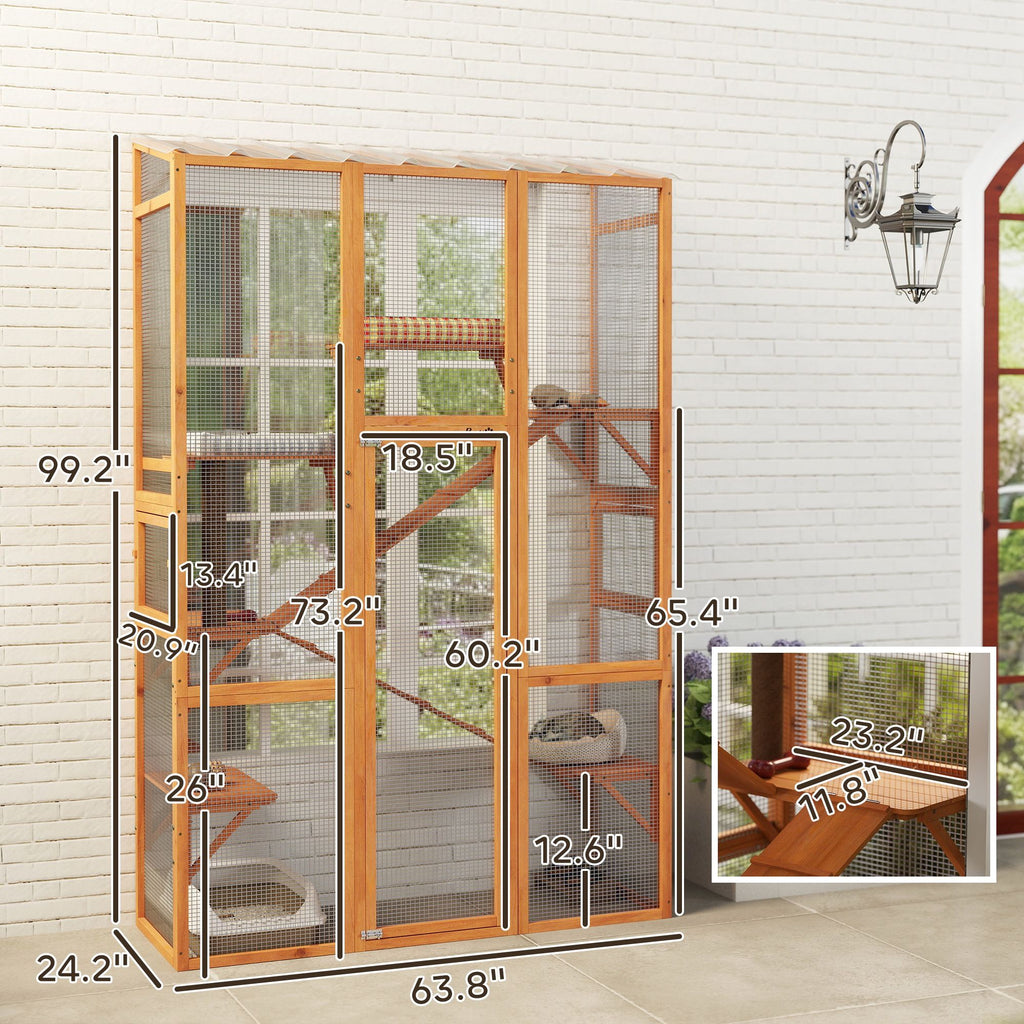 Outdoor Catio Cat Enclosure, Large Wooden Cat House with 6 Jumping Platforms, Scratching Post, 2 Ramps, for 2-3 Kittens