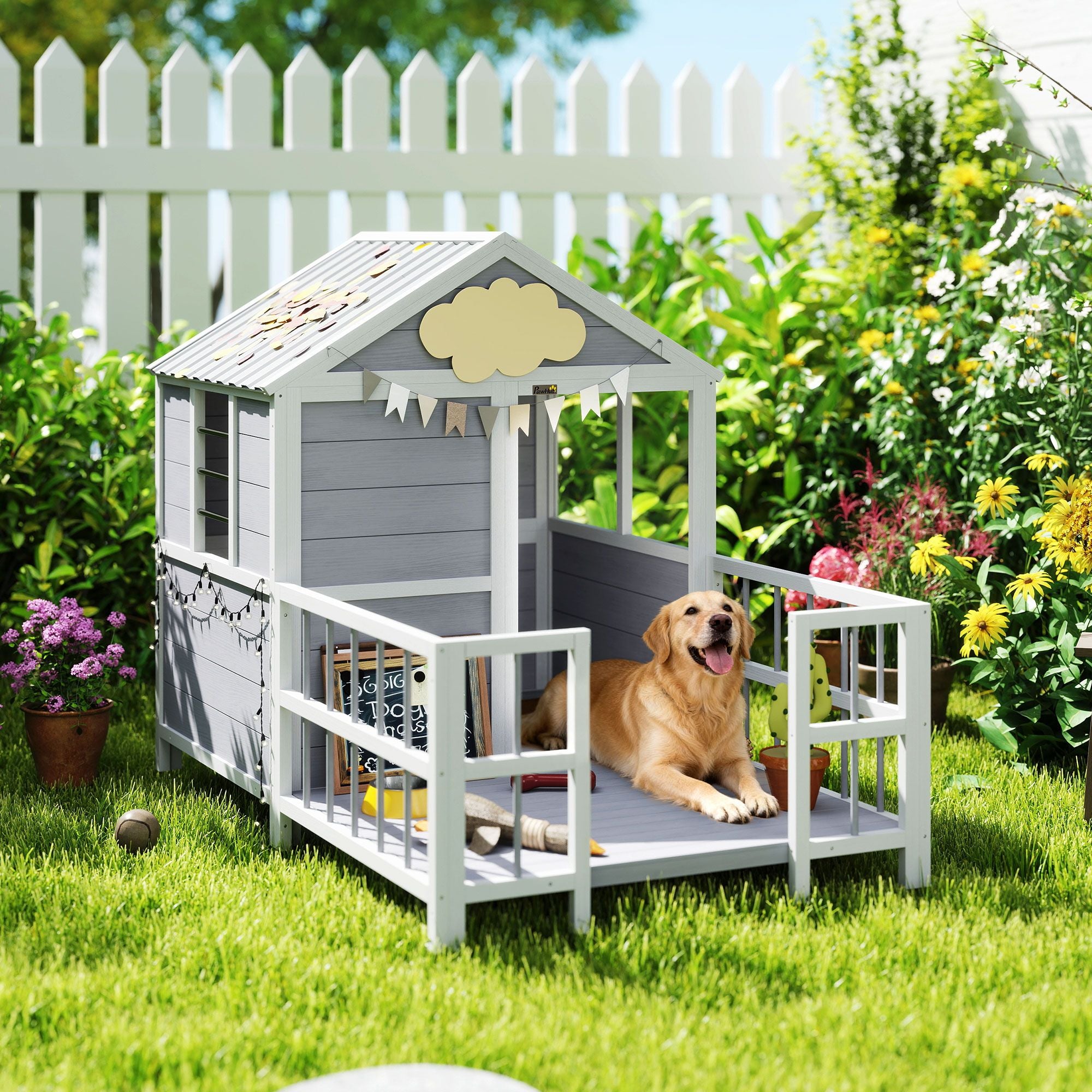 Spacious furniture-style Dog House with Porch and Weatherproof Roof