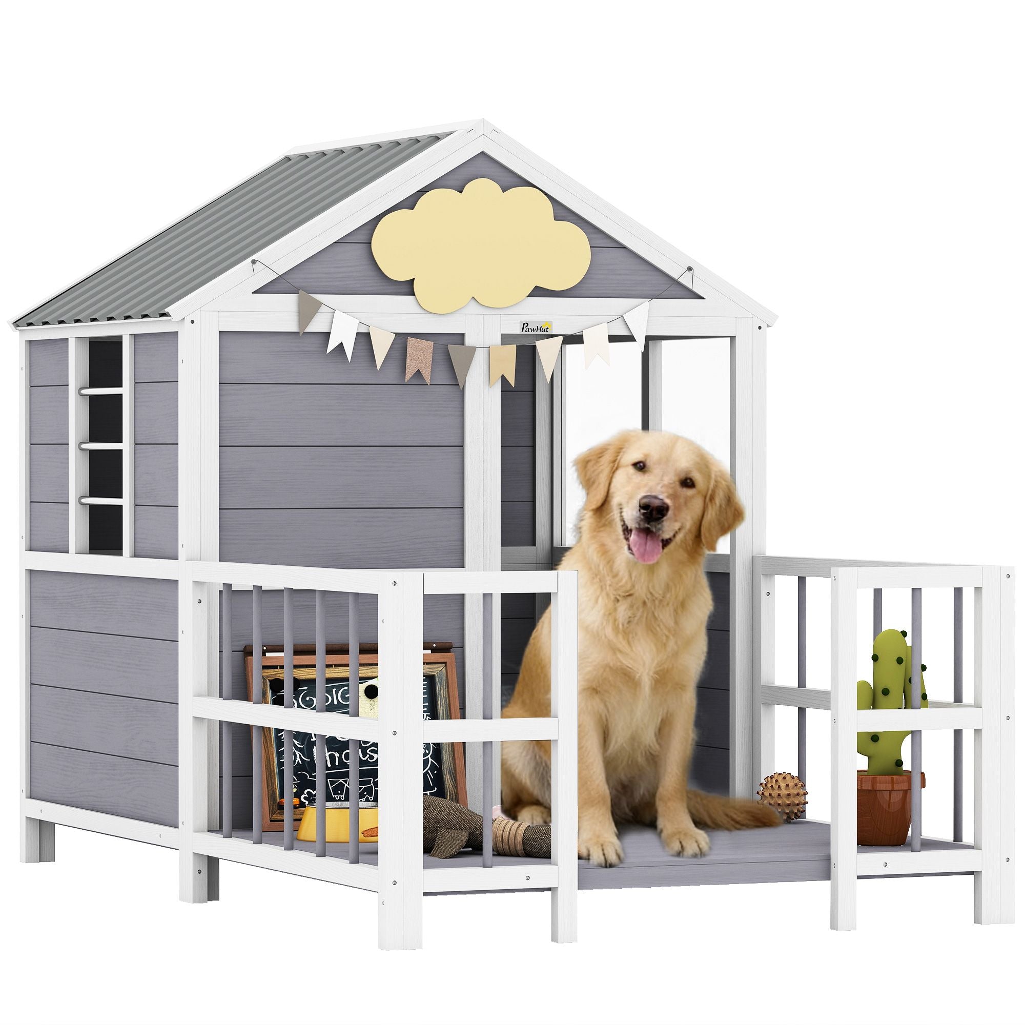 Spacious furniture-style Dog House with Porch and Weatherproof Roof