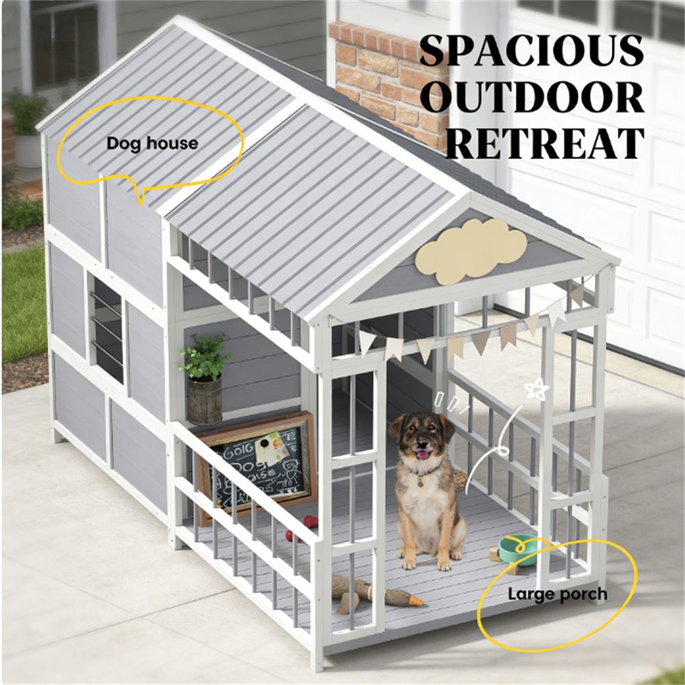 Spacious furniture-style Dog House with Porch & Storage Cabinet