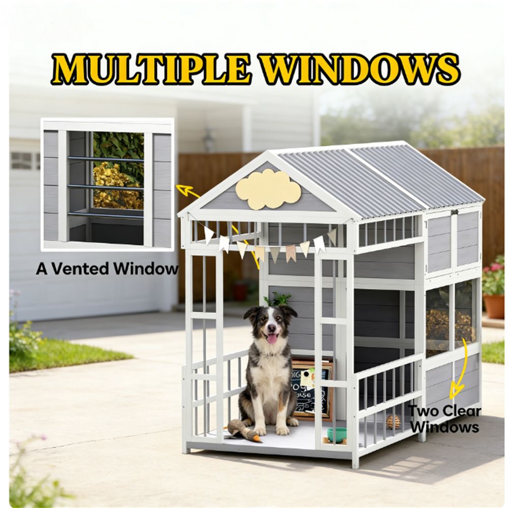 Spacious furniture-style Dog House with Porch & Storage Cabinet