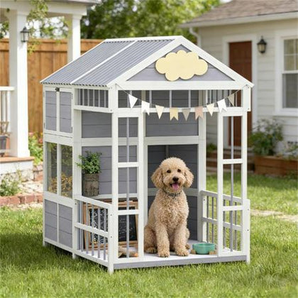 Spacious furniture-style Dog House with Porch & Storage Cabinet
