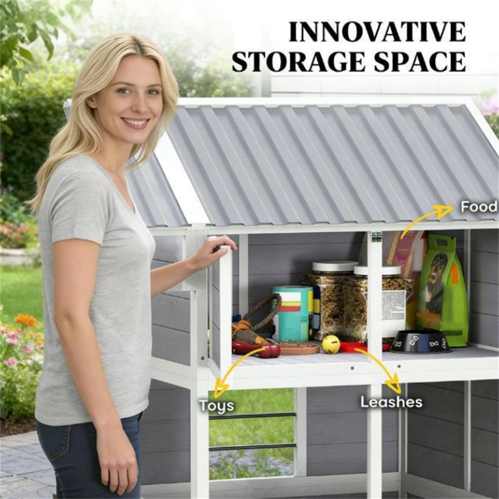 Spacious furniture-style Dog House with Porch & Storage Cabinet