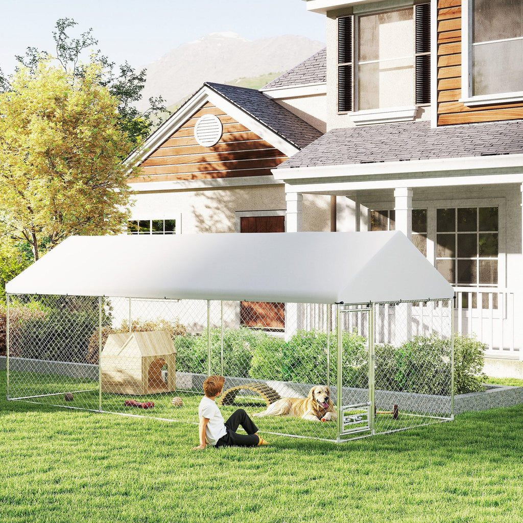 Outdoor Dog Kennel with Adjustable Bowl Rack & Weatherproof Cover