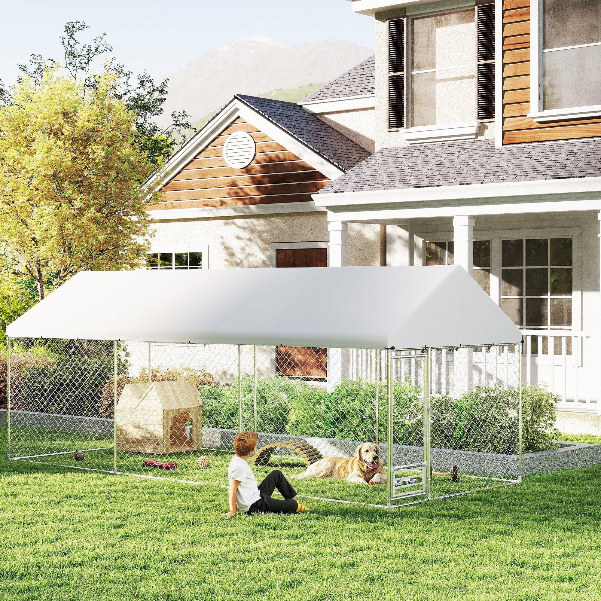 Outdoor Dog Kennel with Adjustable Bowl Rack & Weatherproof Cover