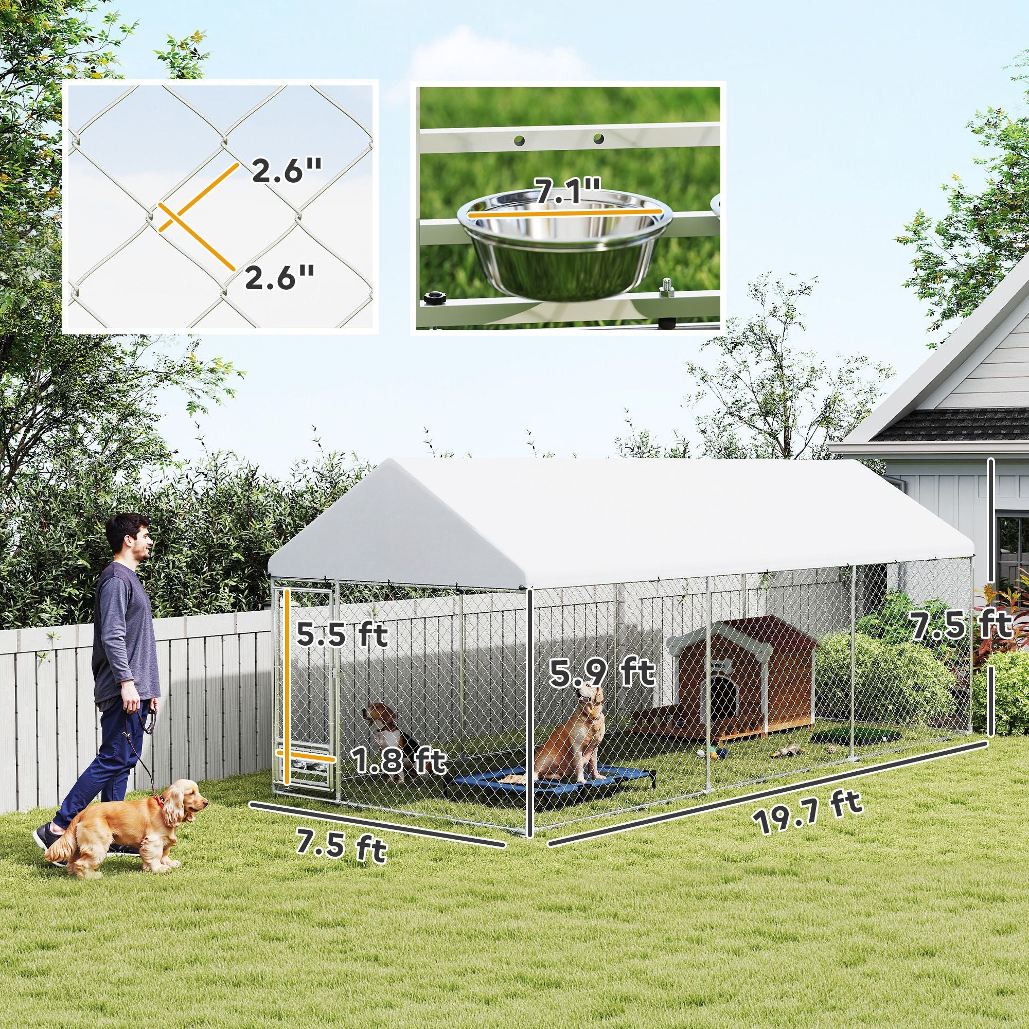 Outdoor Dog Kennel with Adjustable Bowl Rack & Weatherproof Cover