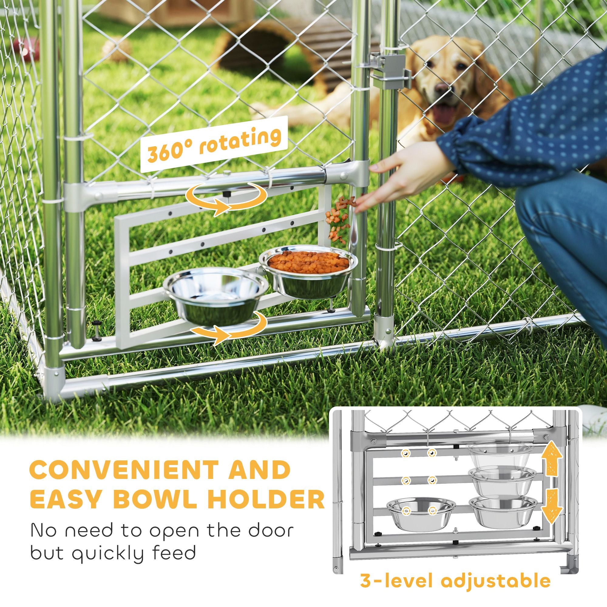 Outdoor Dog Kennel with Adjustable Bowl Rack & Weatherproof Cover