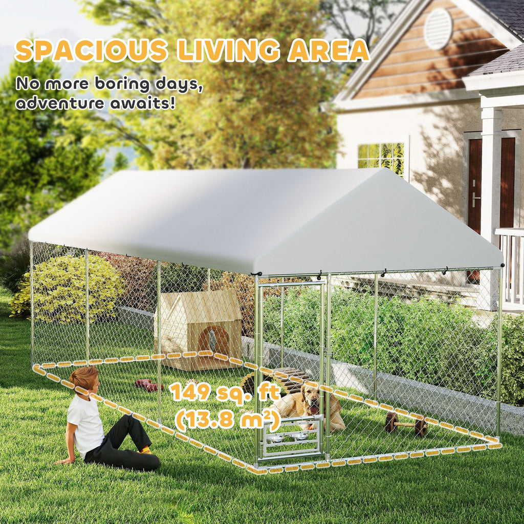 Outdoor Dog Kennel with Adjustable Bowl Rack & Weatherproof Cover
