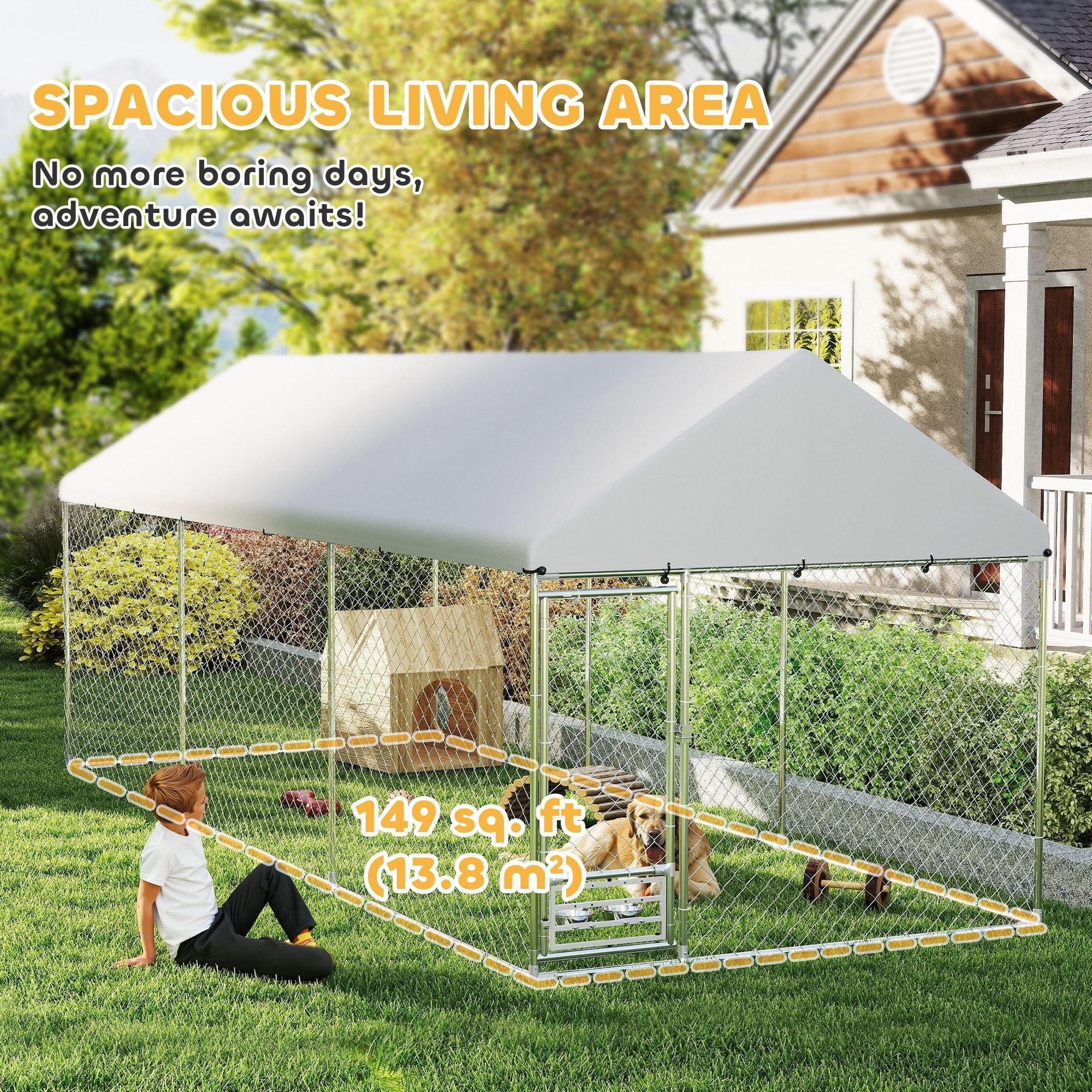 Outdoor Dog Kennel with Adjustable Bowl Rack & Weatherproof Cover