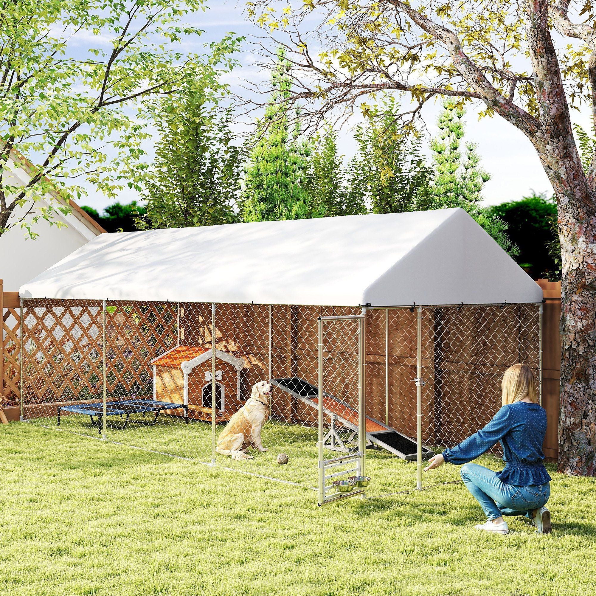 Outdoor Dog Kennel with Adjustable Bowl Rack & Weatherproof Cover