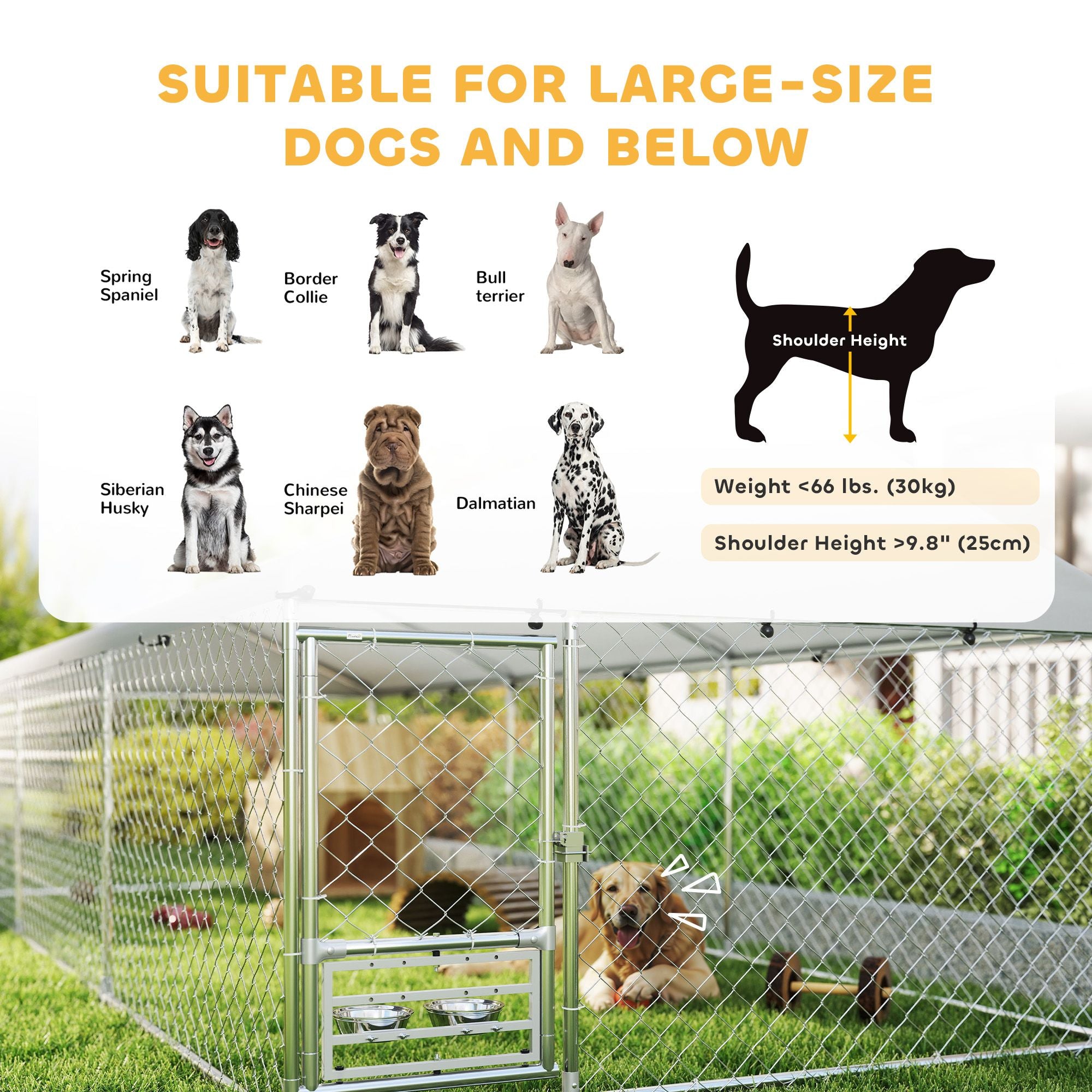 Spacious Outdoor Dog Kennel with water-ready Roof & Rotatable Bowl Rack