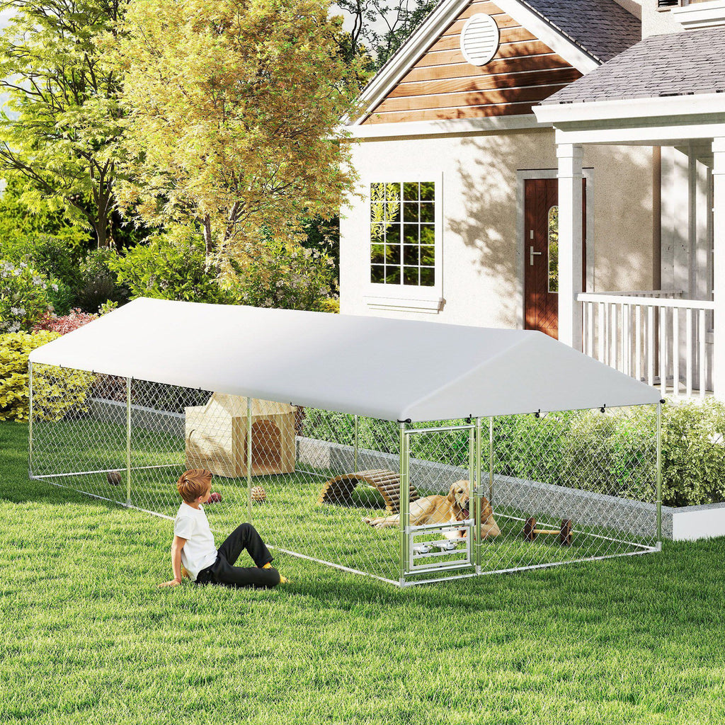 Spacious Outdoor Dog Kennel with water-ready Roof & Rotatable Bowl Rack