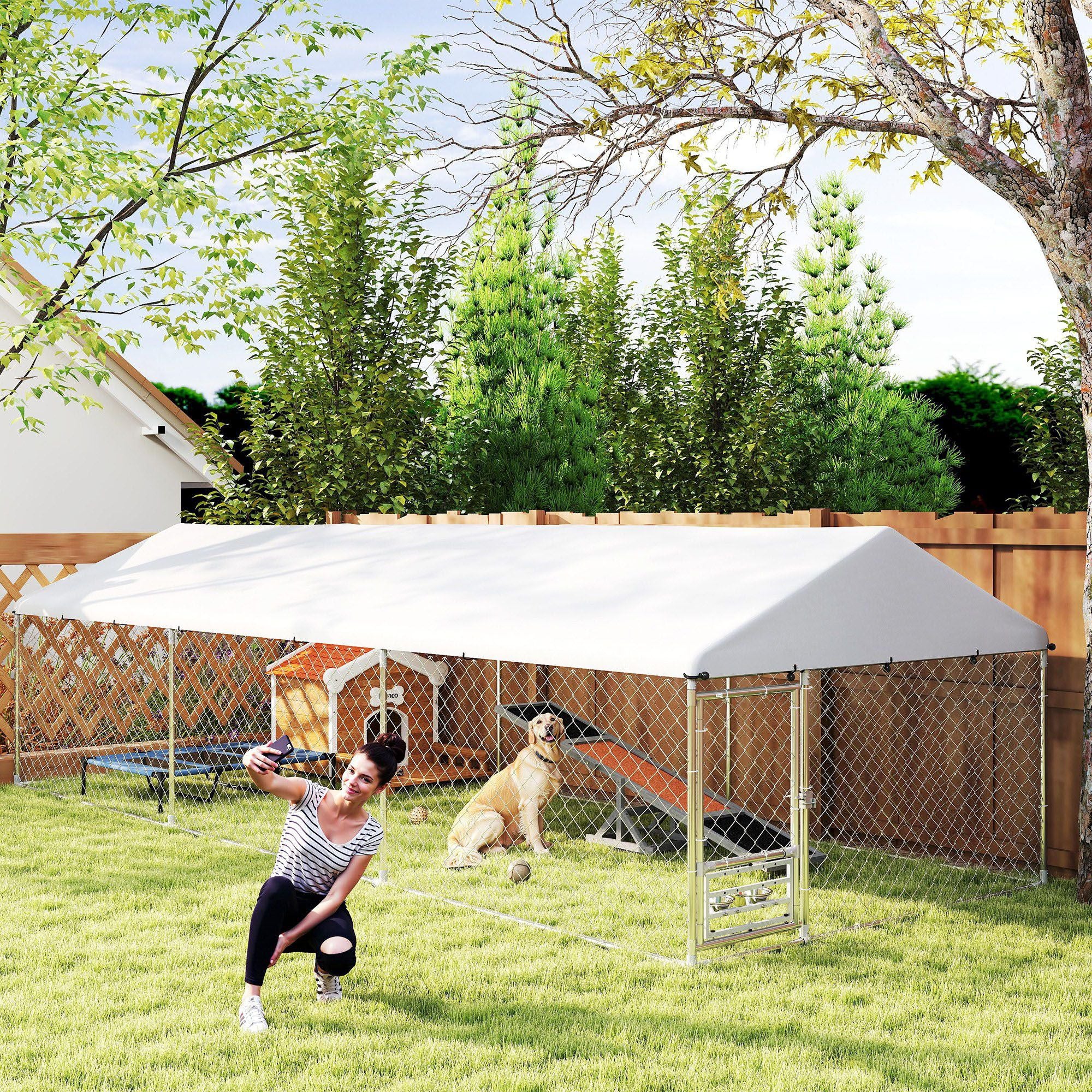 Spacious Outdoor Dog Kennel with water-ready Roof & Rotatable Bowl Rack