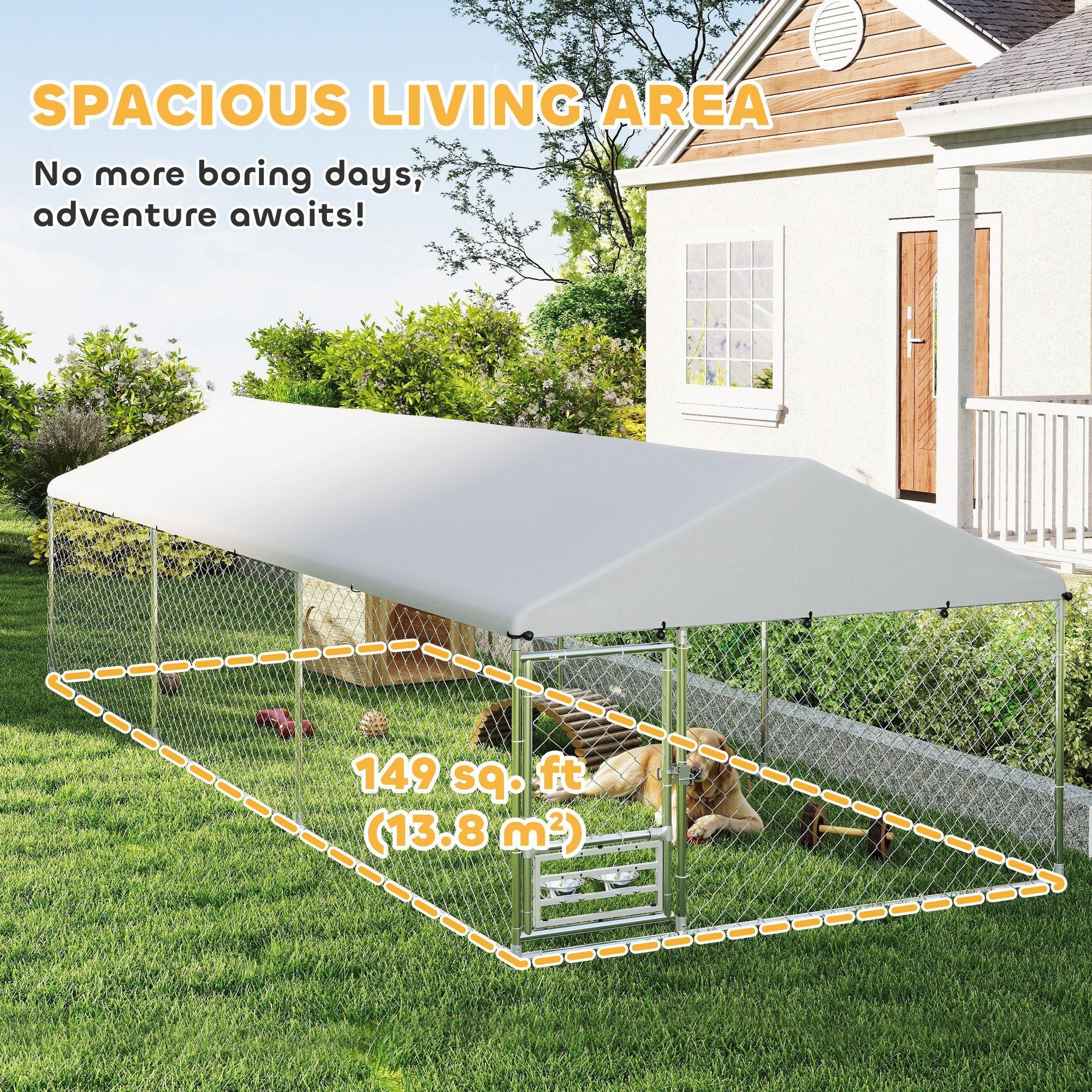Spacious Outdoor Dog Kennel with water-ready Roof & Rotatable Bowl Rack