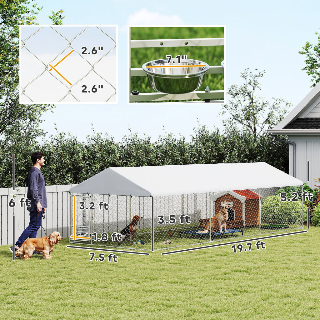 Spacious Outdoor Dog Kennel with water-ready Roof & Rotatable Bowl Rack