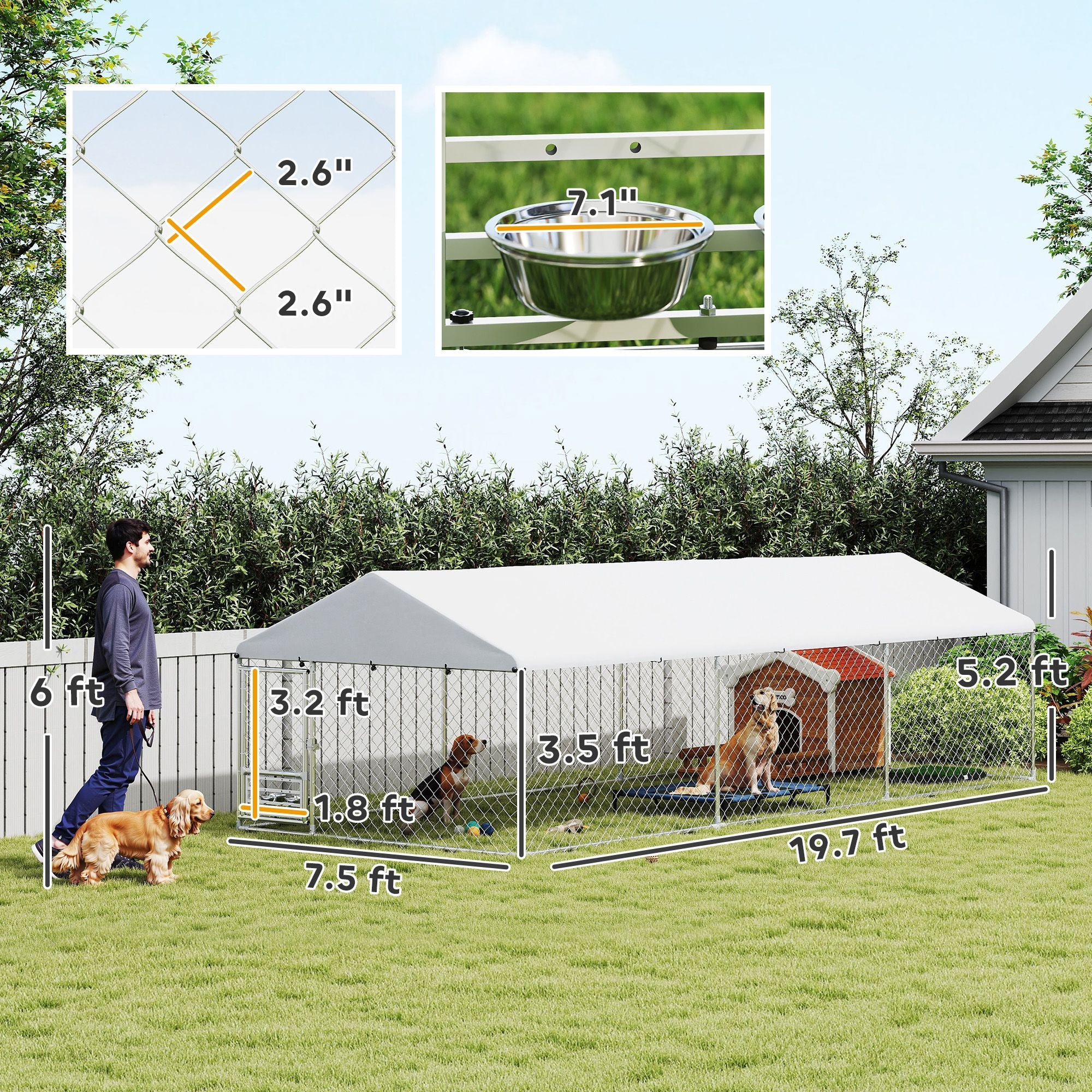 Spacious Outdoor Dog Kennel with water-ready Roof & Rotatable Bowl Rack