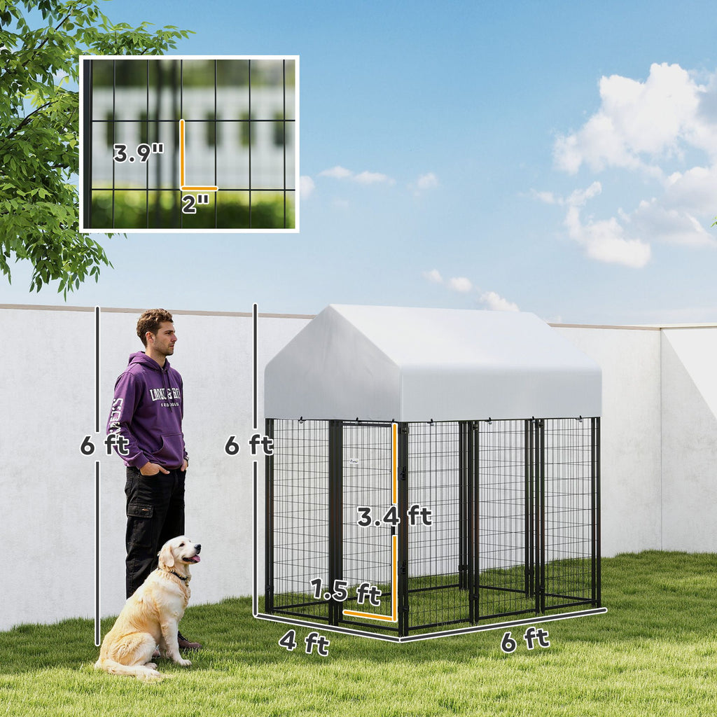 Outdoor Dog Kennel with Roof, 6' x 4' x 6' practical Welded Wire Dog Playpen Enclosure with Escape-proof Lock