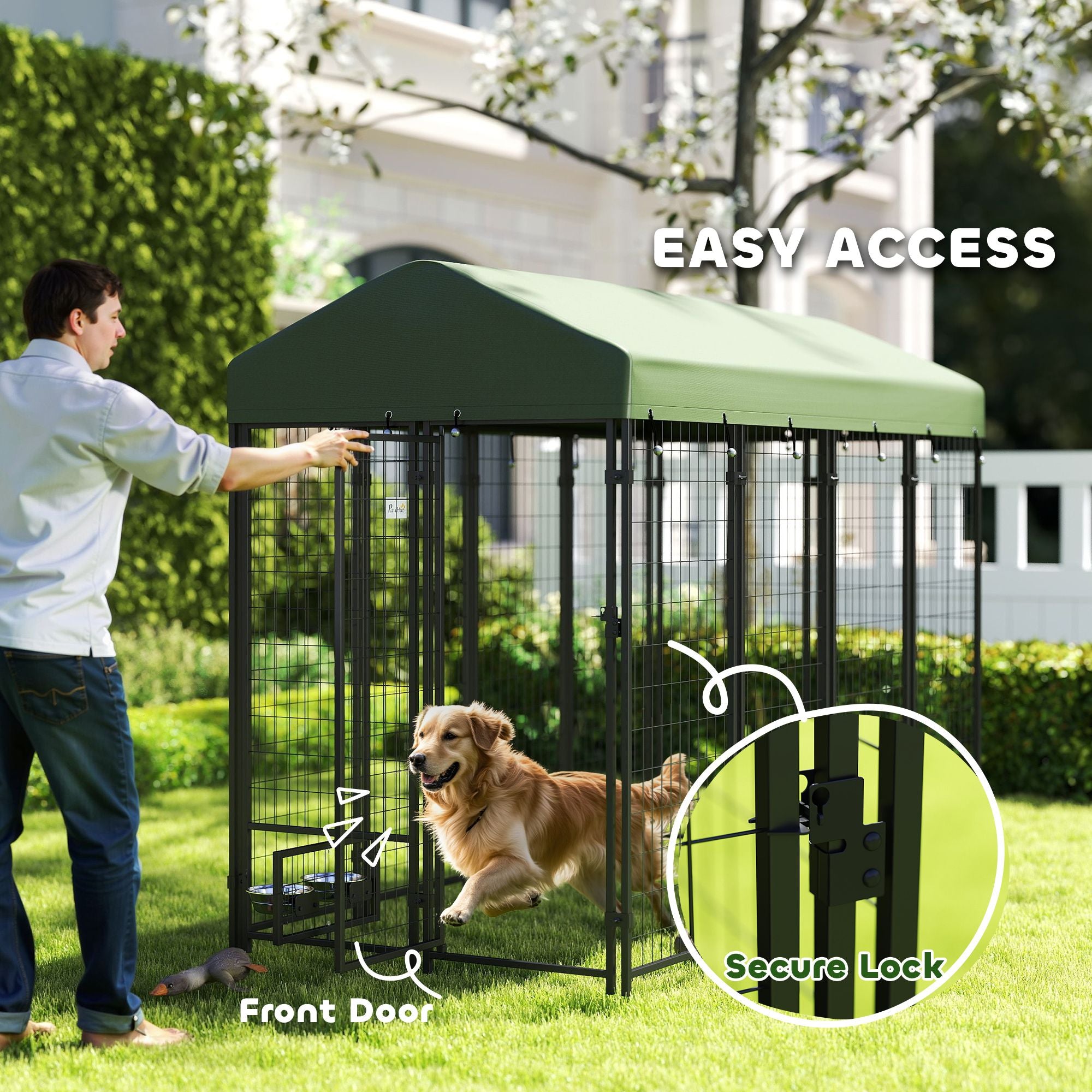 Spacious Outdoor Dog Kennel with Rotating Bowl Holders & water-ready Cover