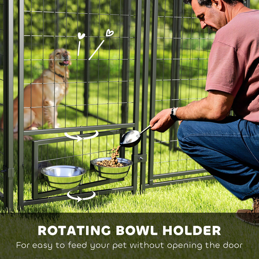 Spacious Outdoor Dog Kennel with Rotating Bowl Holders & water-ready Cover