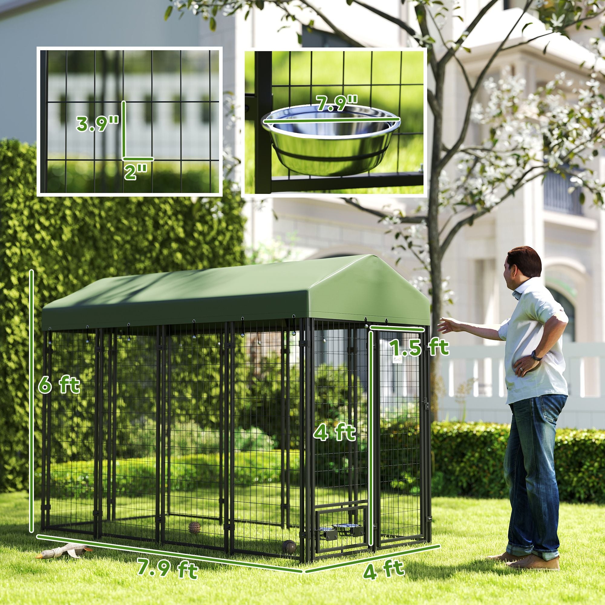 Spacious Outdoor Dog Kennel with Rotating Bowl Holders & water-ready Cover
