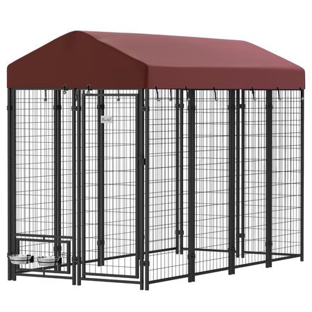 Outdoor Dog Kennel with Rotating Bowl Holders, Walk-in Pet Playpen with water-ready Cover, 8' x 4' x