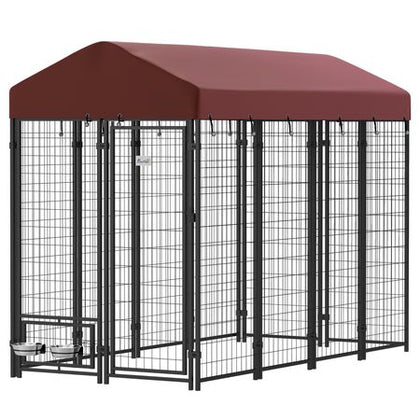 Outdoor Dog Kennel with Rotating Bowl Holders, Walk-in Pet Playpen with water-ready Cover, 8' x 4' x