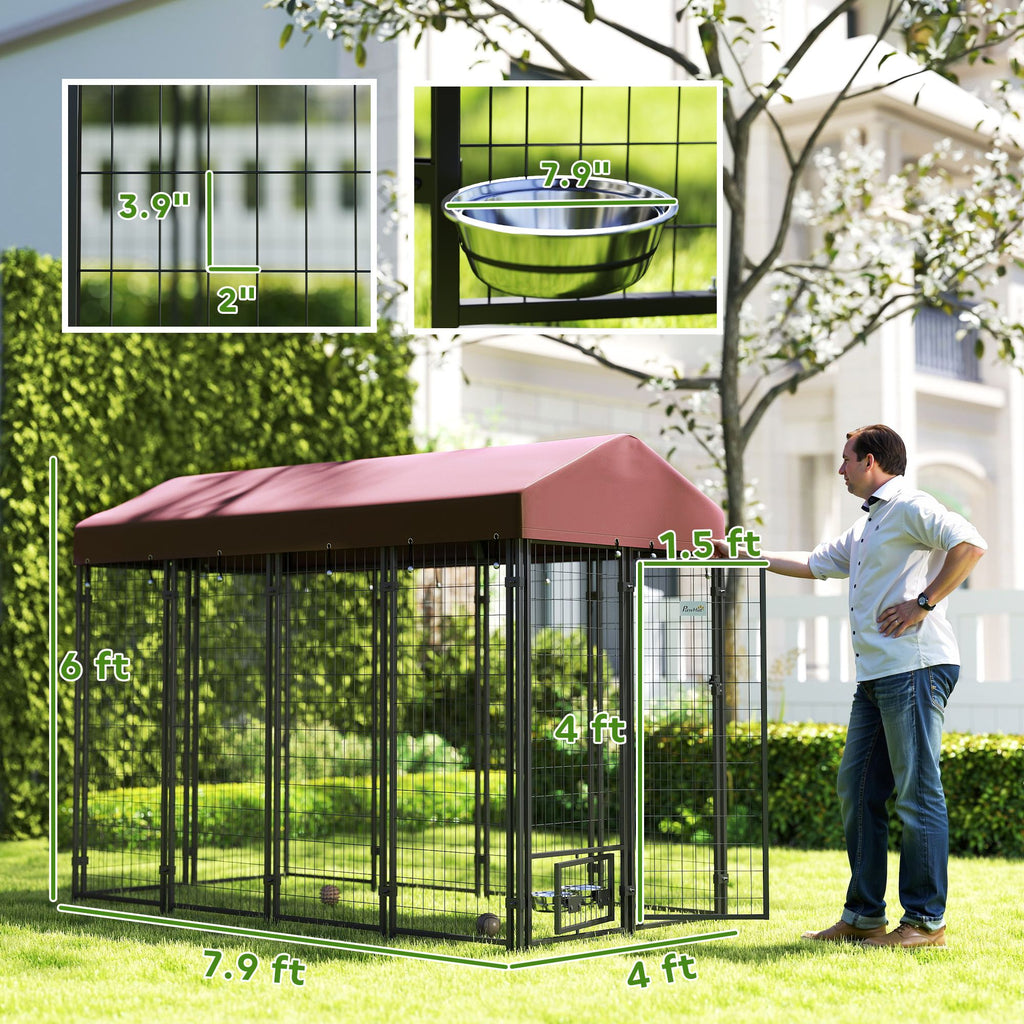 Outdoor Dog Kennel with Rotating Bowl Holders, Walk-in Pet Playpen with water-ready Cover, 8' x 4' x