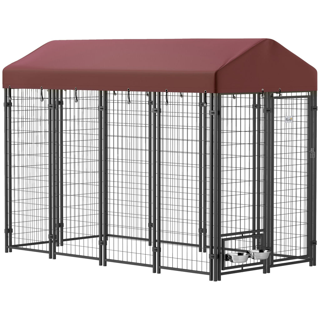 Outdoor Dog Kennel with Rotating Bowl Holders, Walk-in Pet Playpen with water-ready Cover, 8' x 4' x
