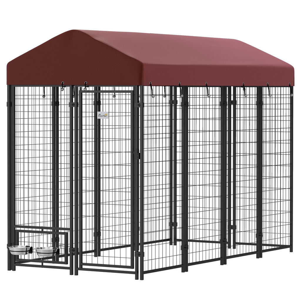 Outdoor Dog Kennel with Rotating Bowl Holders, Walk-in Pet Playpen with water-ready Cover, 8' x 4' x