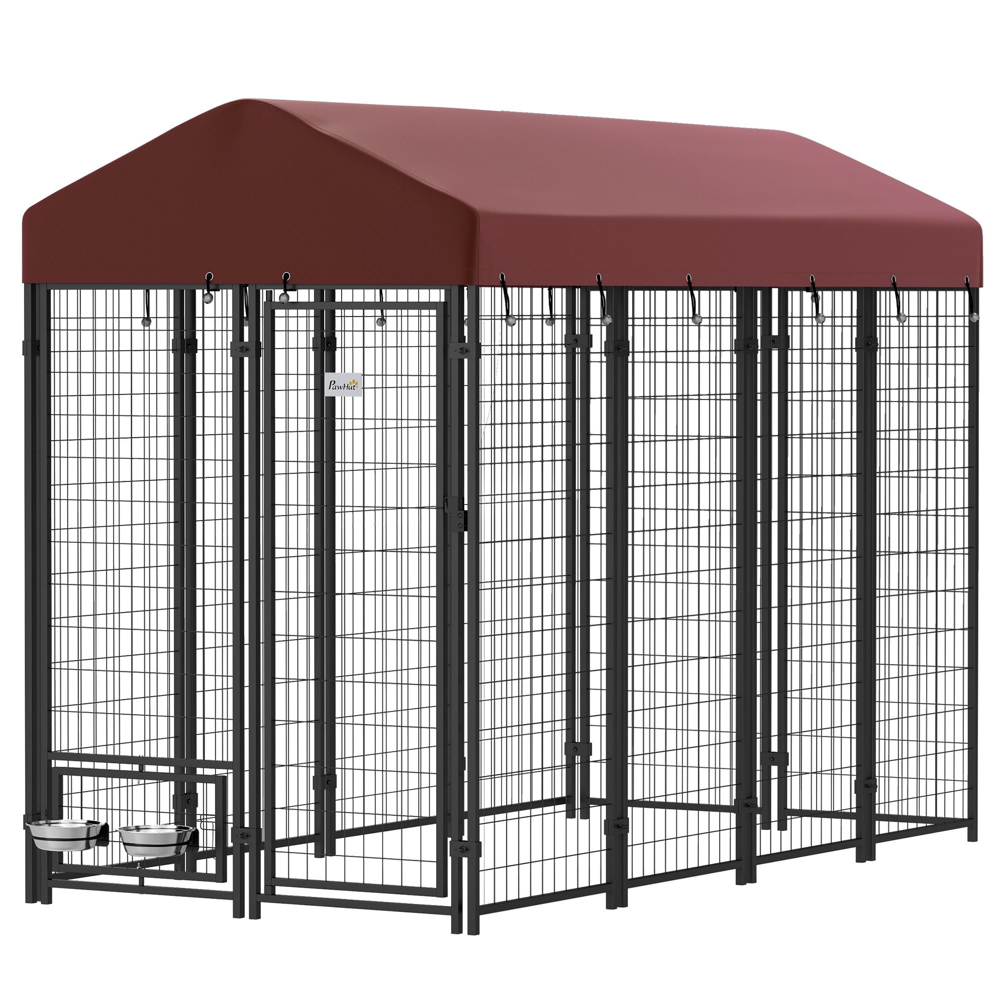 Outdoor Dog Kennel with Rotating Bowl Holders, Walk-in Pet Playpen with water-ready Cover, 8' x 4' x