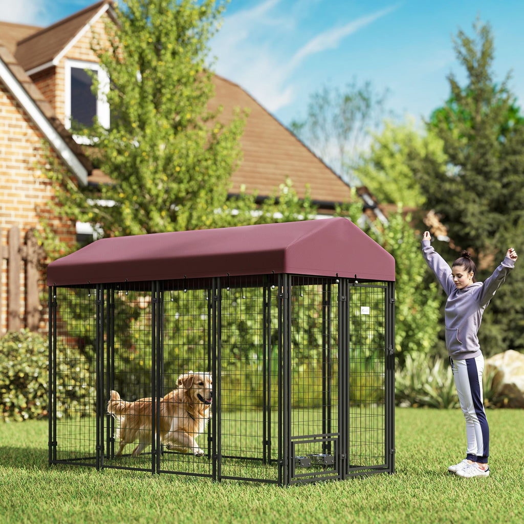 Outdoor Dog Kennel with Rotating Bowl Holders, Walk-in Pet Playpen with water-ready Cover, 8' x 4' x