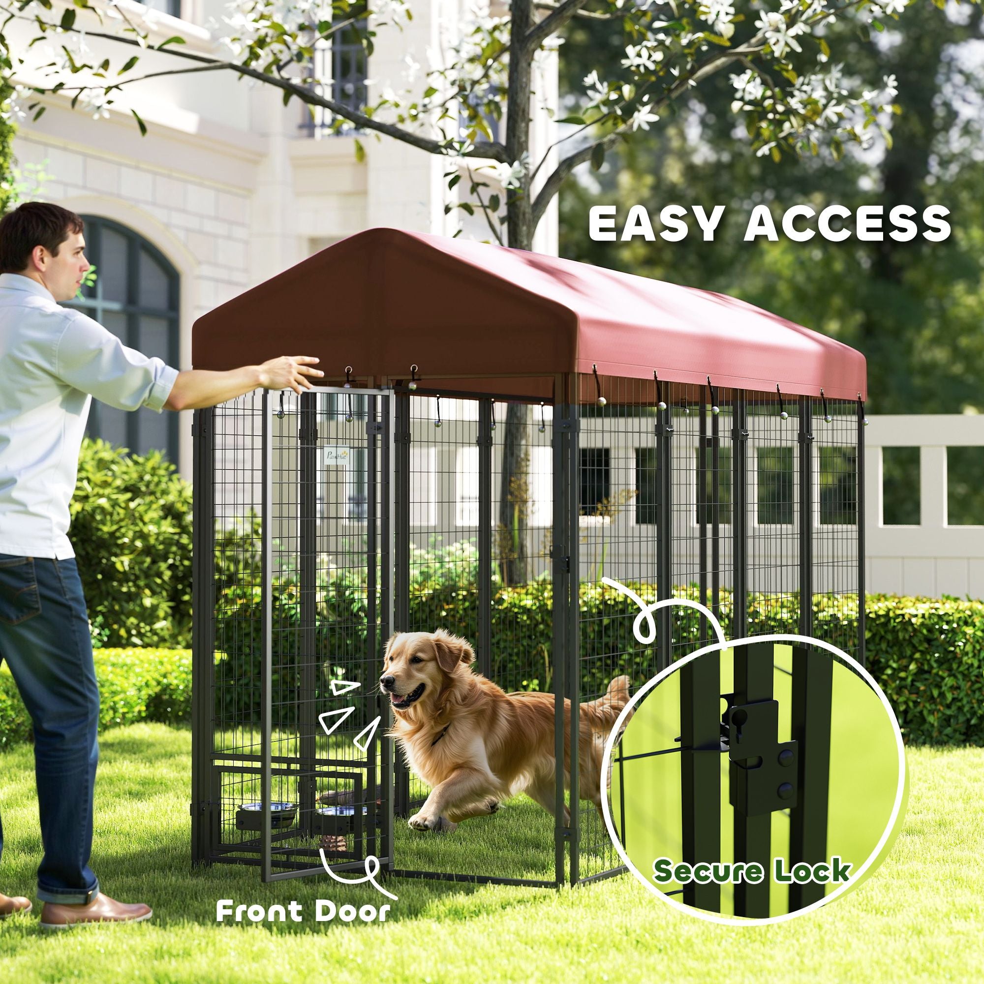 Outdoor Dog Kennel with Rotating Bowl Holders, Walk-in Pet Playpen with water-ready Cover, 8' x 4' x