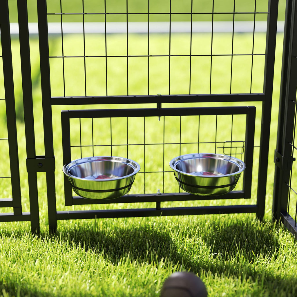 Outdoor Dog Kennel with Rotating Bowl Holders, Walk-in Pet Playpen with water-ready Cover, 8' x 4' x