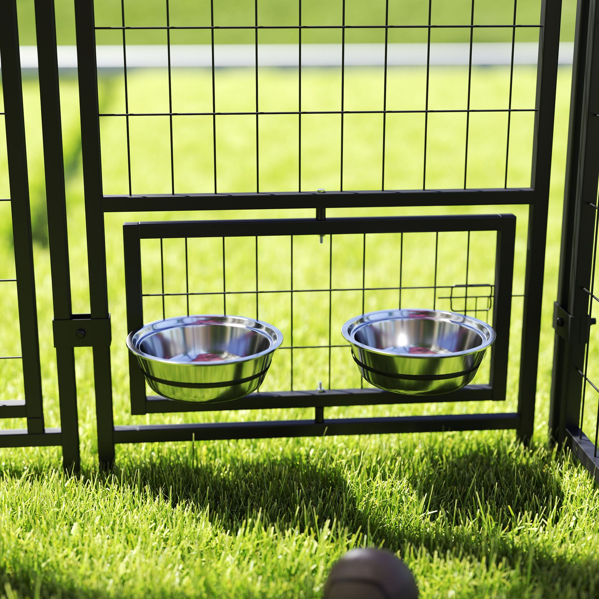 Outdoor Dog Kennel with Rotating Bowl Holders, Walk-in Pet Playpen with water-ready Cover, 8' x 4' x
