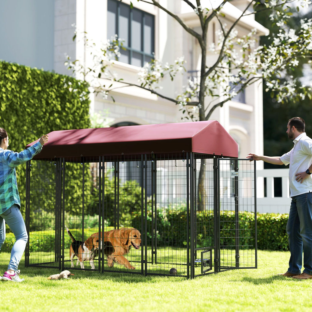 Outdoor Dog Kennel with Rotating Bowl Holders, Walk-in Pet Playpen with water-ready Cover, 8' x 4' x