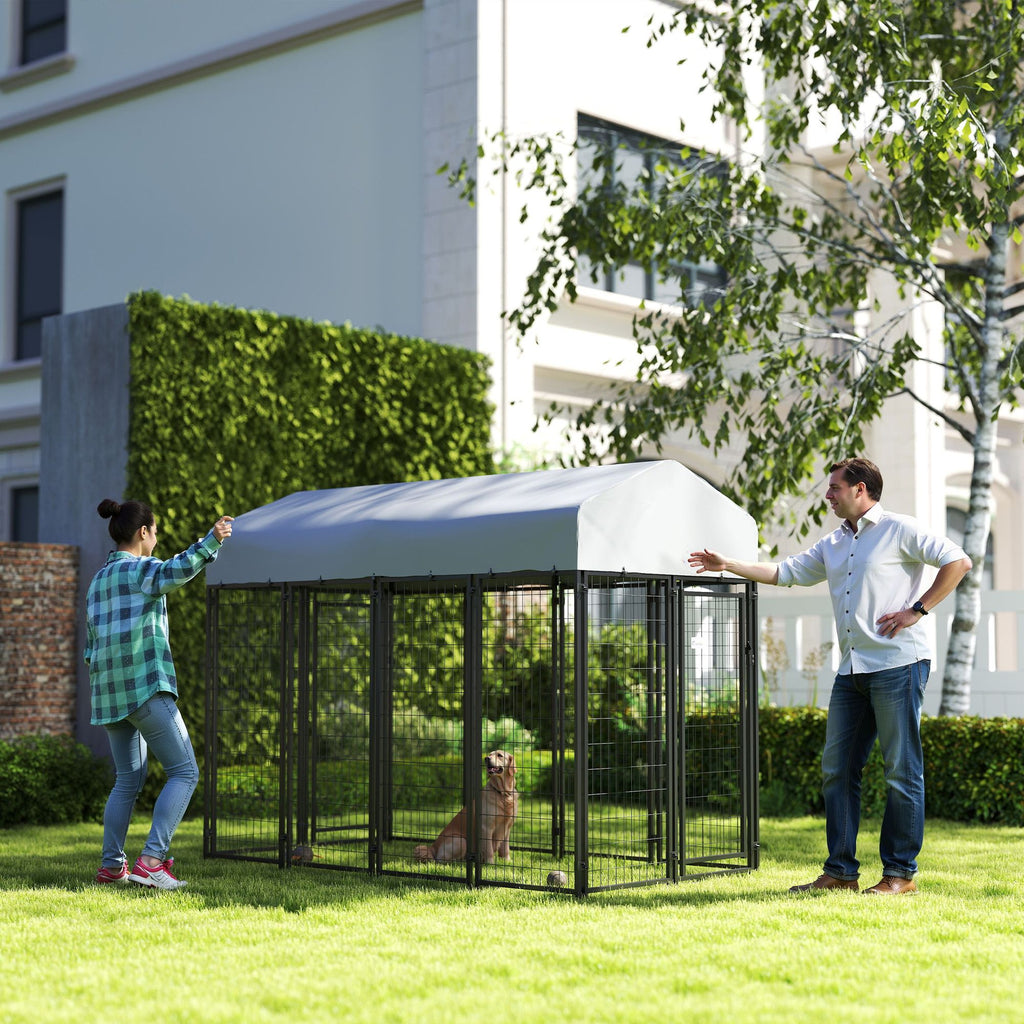 Outdoor Dog Kennel with Two-Room Design, Water-Resistant & Sun-Proof Cover, for S, M, L Dogs, 7.8' x