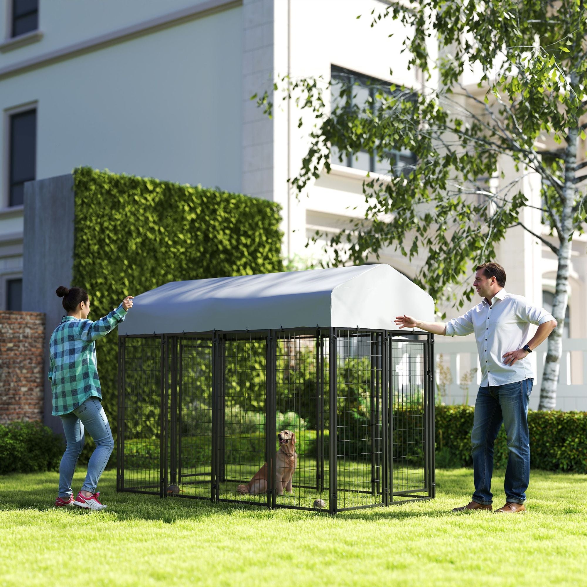Outdoor Dog Kennel with Two-Room Design, Water-Resistant & Sun-Proof Cover, for S, M, L Dogs, 7.8' x