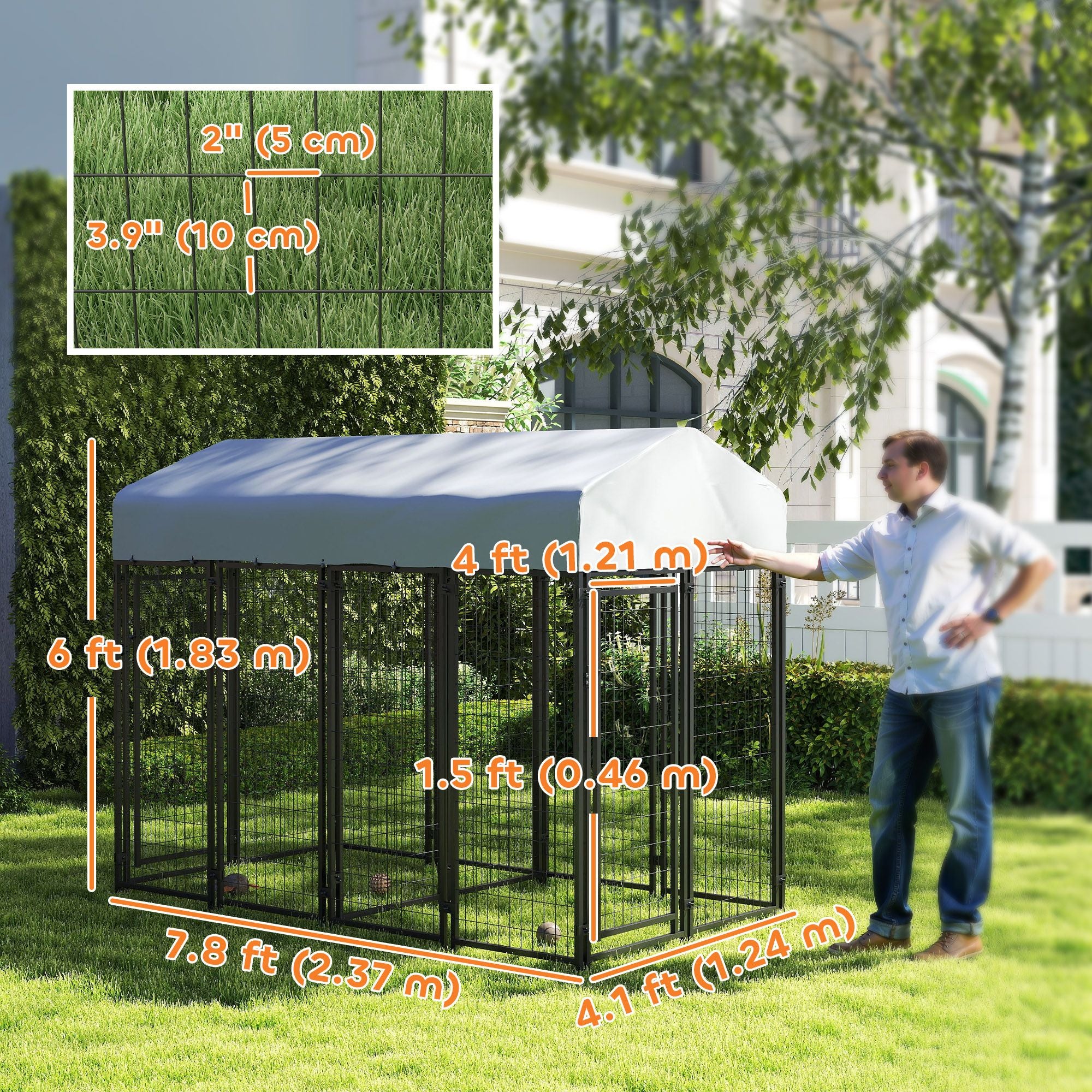 Outdoor Dog Kennel with Two-Room Design, Water-Resistant & Sun-Proof Cover, for S, M, L Dogs, 7.8' x