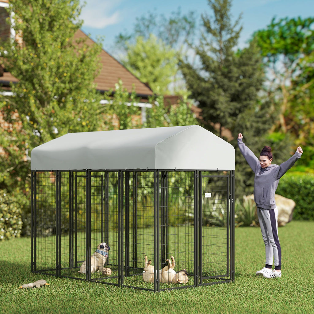 Outdoor Dog Kennel with Two-Room Design, Water-Resistant & Sun-Proof Cover, for S, M, L Dogs, 7.8' x
