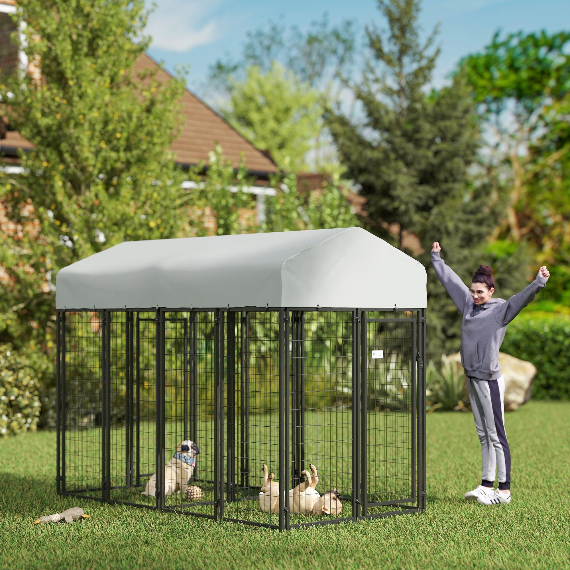 Outdoor Dog Kennel with Two-Room Design, Water-Resistant & Sun-Proof Cover, for S, M, L Dogs, 7.8' x