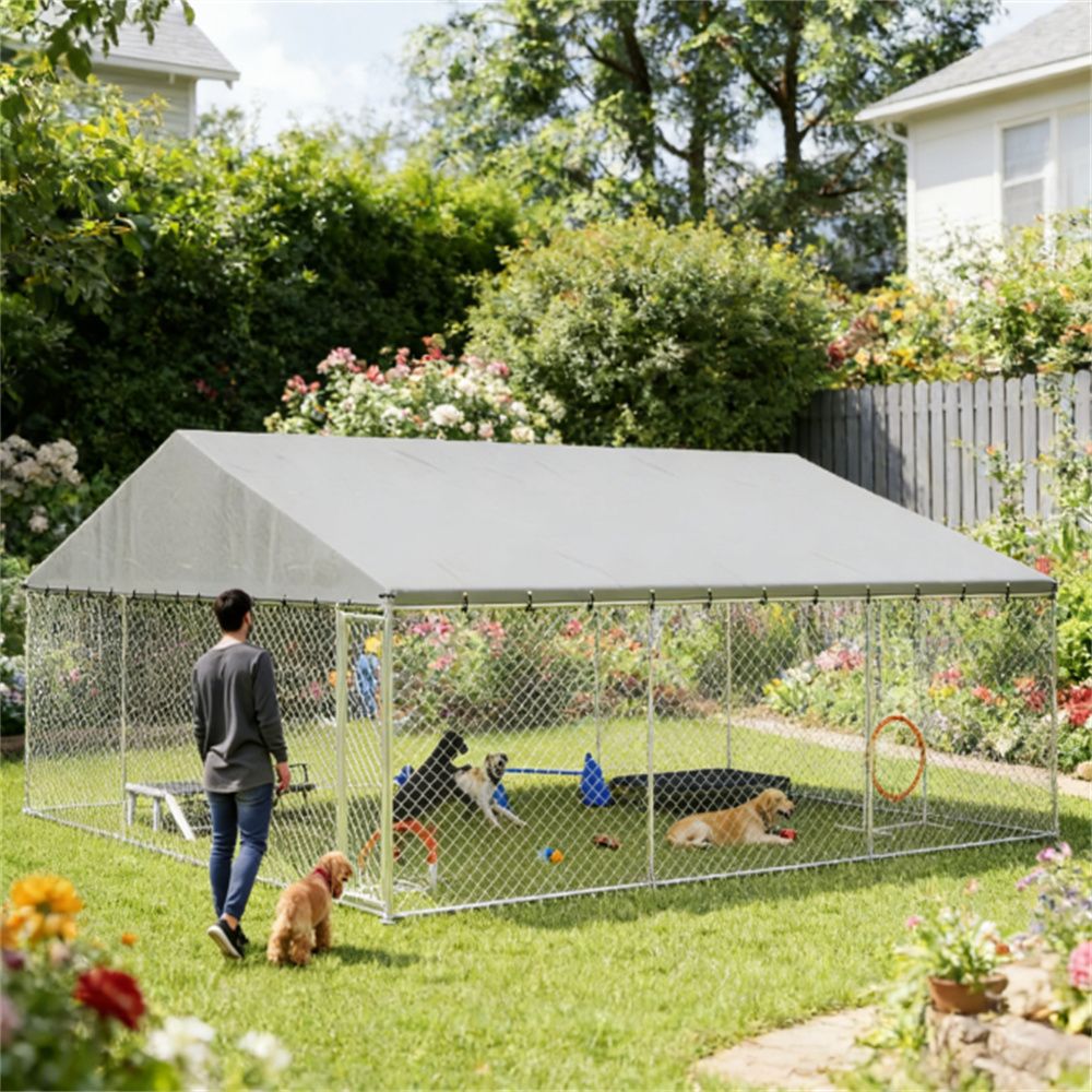 Extra-Large Silver Outdoor Dog Kennel with water-ready UV-Resistant Canopy